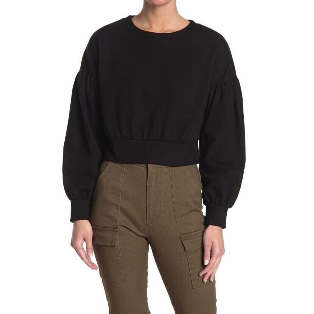 Abound Womens Cozy Crew Neck Puffed Sleeve Cropped Sweatshirt in Black Medium